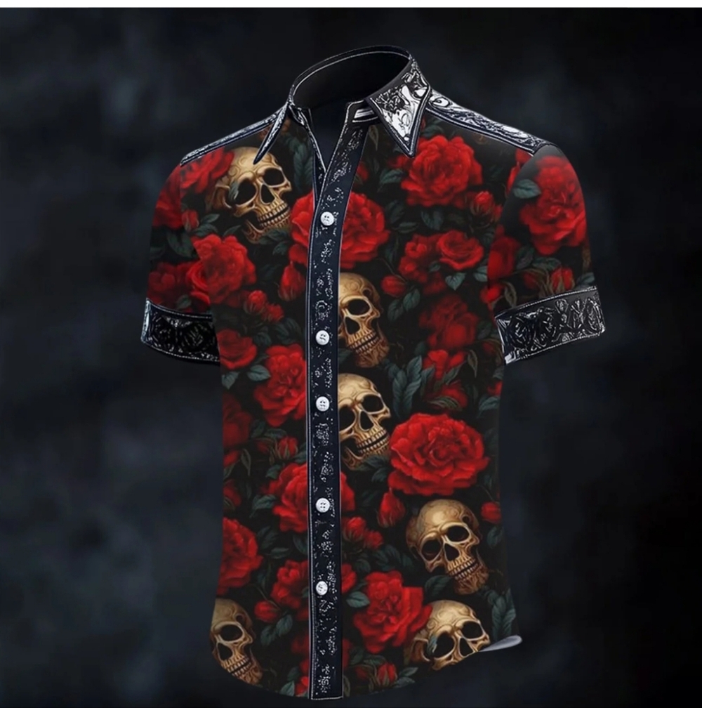 Skull & Roses Collared Button Down 2XL (Runs Small) - Picture 2 of 10